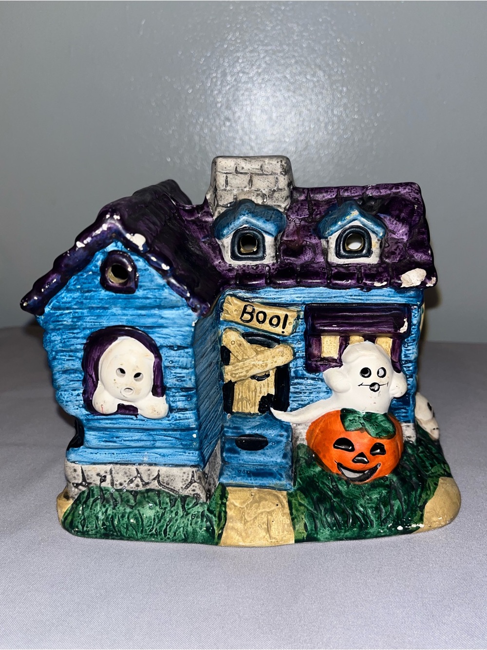 Vintage Russ Berrie Spooky Halloween Haunted House Ceramic Candle Holder Pre-Own